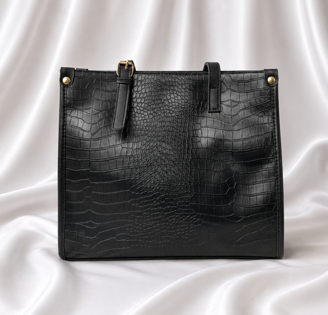 Luxury black crocodile-embossed women's tote bag with gold-tone hardware by Eisela.