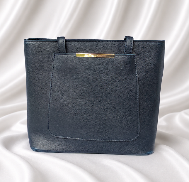 Eisela midnight blue women's structured tote bag with large front pocket, shoulder handles and gold-tone accent.