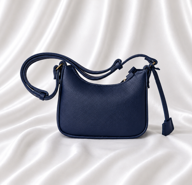 Eisela midnight navy pebbled crossbody bag with adjustable strap and gold-tone hardware.