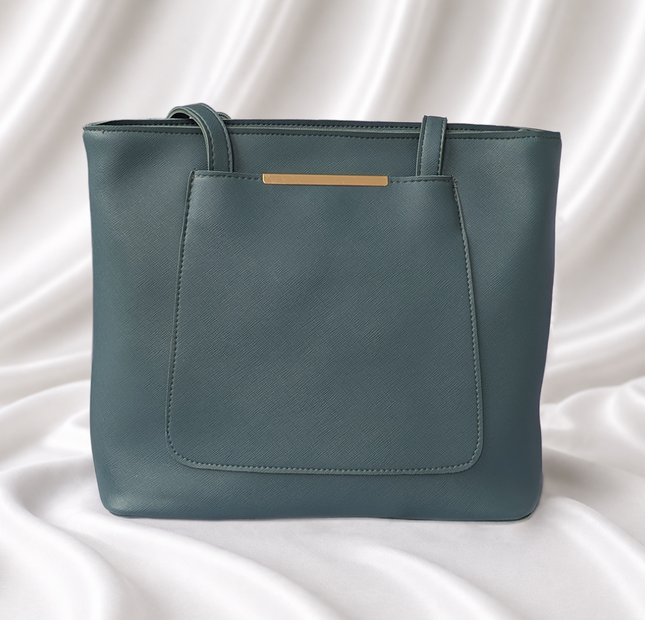 Sage green structured tote bag with front slip pocket, gold-tone accent, and dual shoulder handles by Eisela.