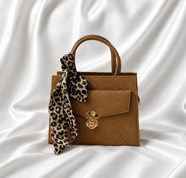 Camel brown structured mini top handle handbag with gold lock closure and leopard-print scarf by Eisela.